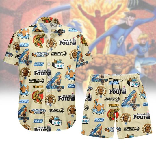 The Fantastic Four First Steps Button Shirt, Men Shorts, Disney Fantastic 4 Hawaiian Shirt, Marvel Studio Superhero Shirt,Reed Richards