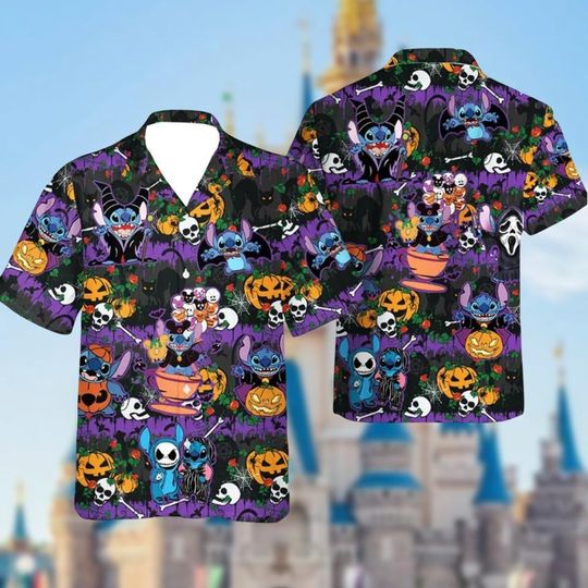Halloween Stitch Hawaiian Shirt, Stitch And Jack Button Shirt, Horror Movie Hawaii Shirt, Spooky Season Gifts, Trick Or Treat