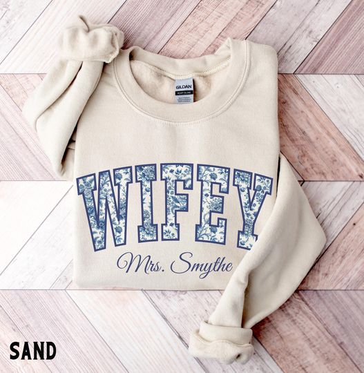 Blue Toile Wife Sweatshirt, Custom Wife Sweater, Just Married Honeymoon