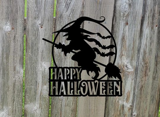 Happy Halloween Witch, Metal Sign  CNC Plasma Cut Halloween Wall Art  Flying Witch on Broom Decor  Spooky Fall Porch or Yard Sign