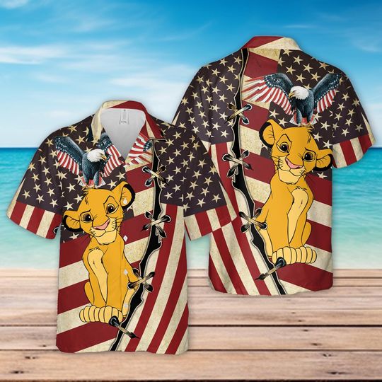 Simba Lion King US Flag Hawaiian Shirt, Cool US Summer Outfit, Patriotic shirt for Disneyland Vacation, Button Up shirt for Adult& Youth