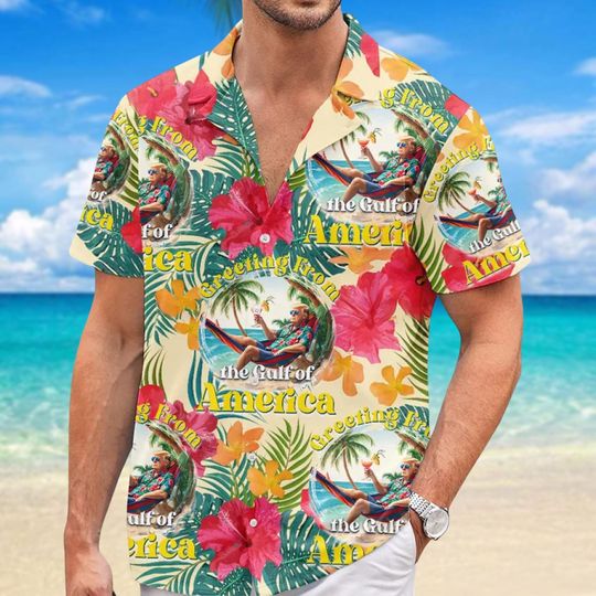 Gulf Of America Hawaiian Shirt, US Patriotic Button Up Shirt, Funny Trump Beach Shirt, Tropical Aloha Shirt Men, Vacation Gifts For Dad
