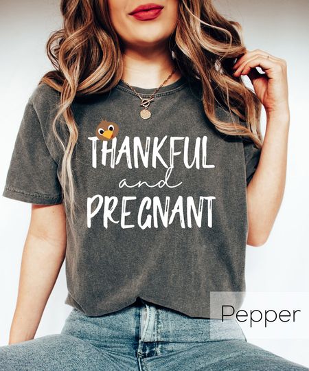 Retro Thankful And Pregnant T-Shirt,Thanksgiving Pregnancy Shirt,Fall Maternity