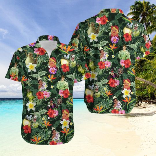 Princess and the Frog Hawaiian Shirt, Tiana and Friends Vacation Button Shirt, Disney Tropical Summer Shirt for Women Men