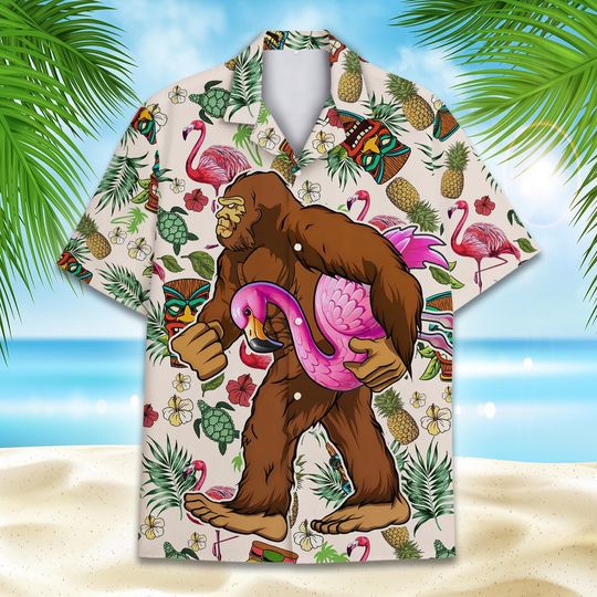 Tropical Bigfoot Flamingo Hawaiian Shirt Men Women Youth, Bigfoot Sasquatch Tiki Shirt, Summer Aloha Short Sleeve Button Down Shirt