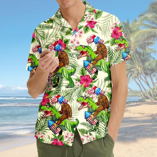 Patriotic Bigfoot Riding Dinosaur Hawaiian Shirt Men Women Youth, Funny 4th of July Shirt Button Up, Independence Day Outfits