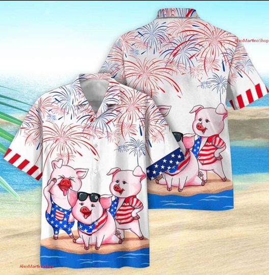 Pig 4th of July Hawaiian Shirt | Patriotic Pig Aloha Shirt | Funny USA Independence Day Outfit | American Flag Summer Shirt
