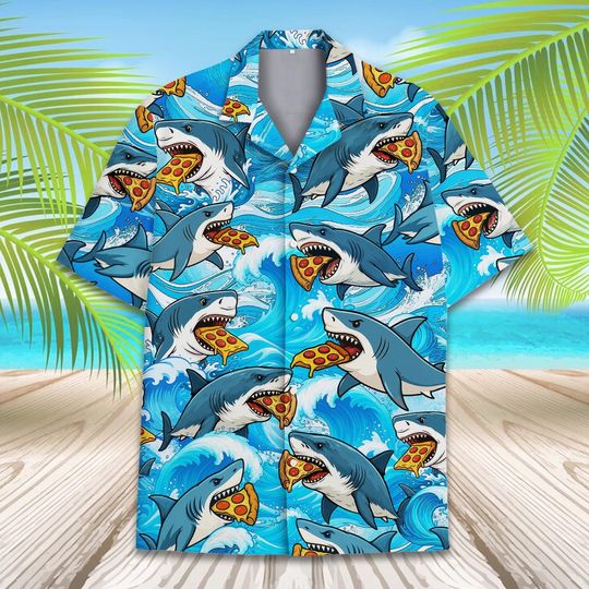 Funny Shark Pizza Hawaiian Shirt Men Women Youth, Beach Foodie Summer Aloha Shirt, Ocean Wave Party Shirt, Shark Button Down Short Sleeve