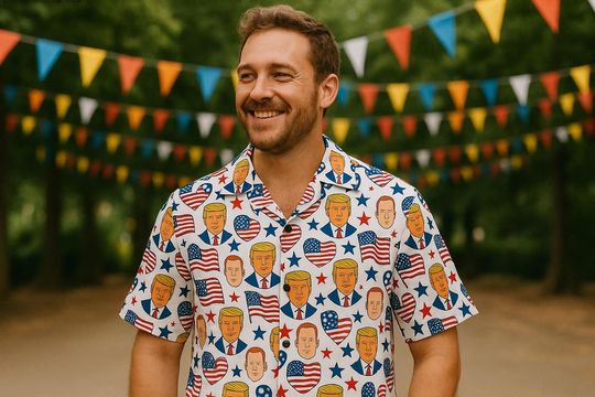 4th of July Hawaiian Shirt, American Flag Trump Face Tee, USA Flag Heart Shirt, Patriotic Aloha Shirt, Freedom Flag Tee, Independence Day T