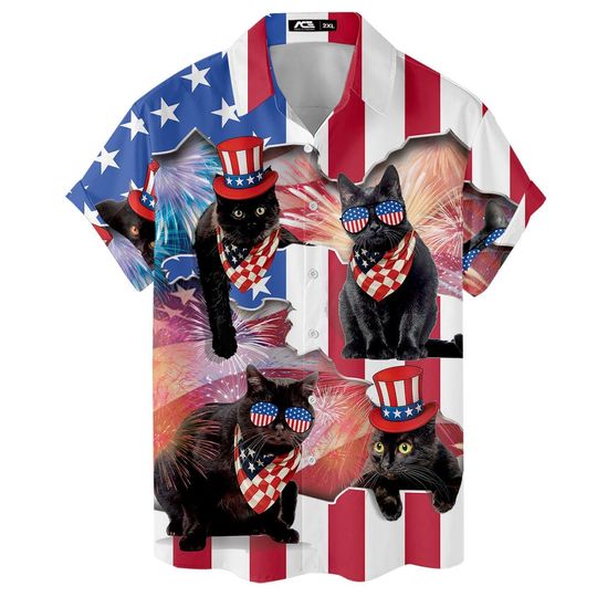 Colorful Black Cat Independence Day Funny Hawaiian Shirt For Men Cat USA Flag Button Down Shirt Men Tropical Hawaiian Shirts