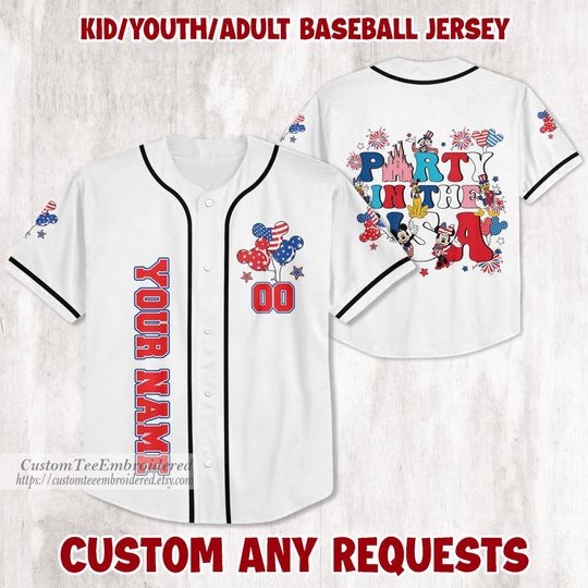 Personalized Disney 4th of July Baseball Jersey, Disney Party Jersey, Disney America Jersey, Disney Minnie Mickey, Disney Matching Shirts