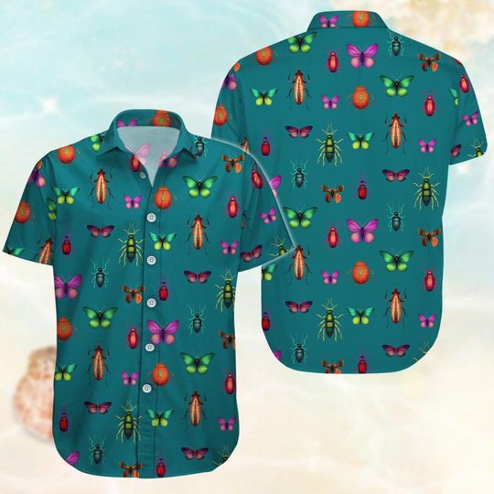 Bugs Hawaiian Shirt, Butterflies Button Up Shirt Women, Funny Beach Shirt, Bug Love Gifts