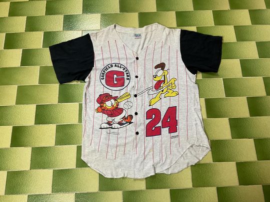 Vintage 90s Garfield All-Stars Baseball Style Button Shirt Cotton Blend Jersey Fits Large Adult