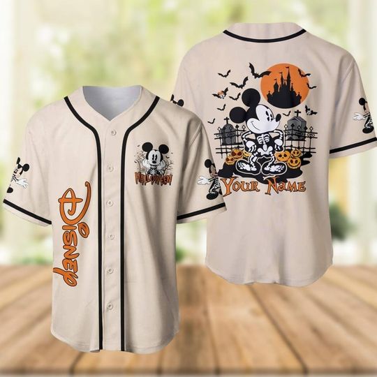 Personalized Mickey Mouse Halloween Baseball Jersey, Mickey Skeleton Horror Jersey Shirt, Spooky Season Baseball Team, Halloween Gift