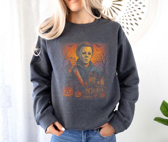 Retro Pumpkin Michael Myers Sweatshirt, Halloween, Horror Party Crewneck, Scary Movie Pullover, Slasher Horror Fan Gift