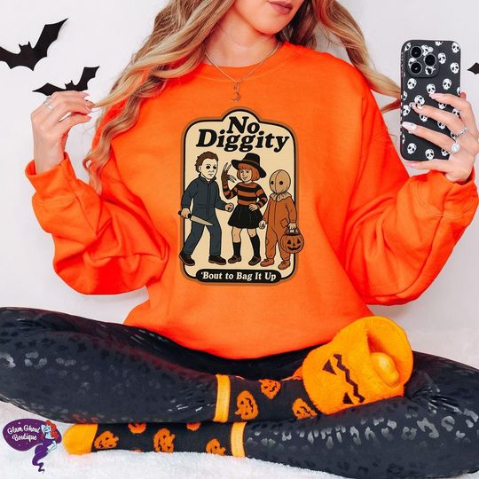 No Diggity Bout To Bag It Up Unisex Crewneck Sweatshirt, halloween, spooky season, trick or treat, spooky sweatshirt, michael myers, freddy