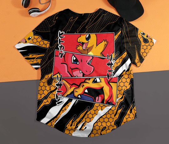 Charmander Baseball Jersey, Cool Anime Charmander Shirt, Funny Dragon Baseball Shirt, Unisex Graphic Jersey, Gift for Anime Fans