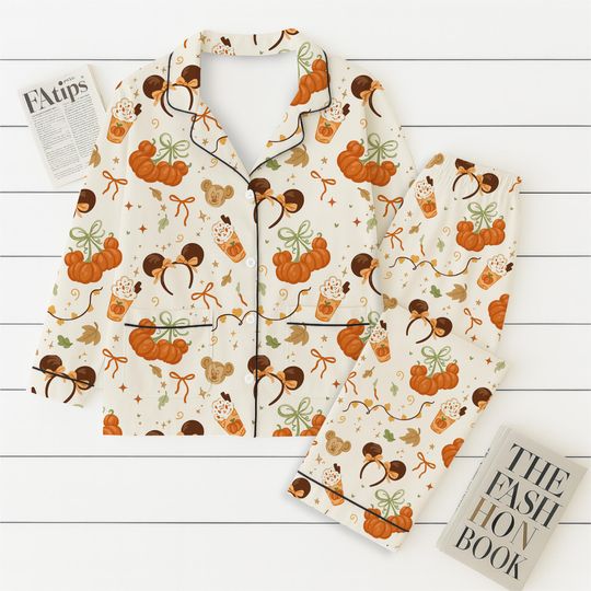 Autumn Pumpkin Cherry Pajamas Set, Cute Fall Bow Sleepwear