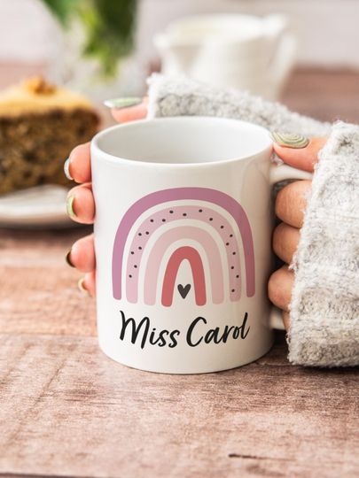 Custom Teacher Mug 11oz | Personalised Name Teacher Appreciation Gift Rainbow Coffee Cup | End of Year & Back to School Teacher Gift