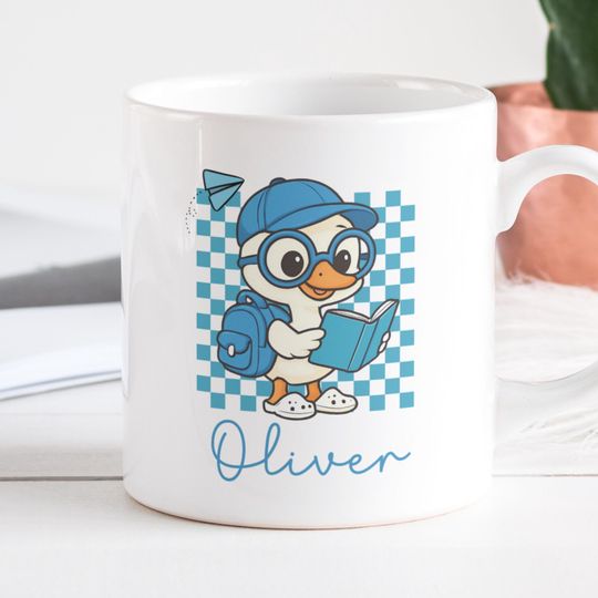 Back To School Mug Wrap, Boy Goose  Mug Design, Kids Custom Name Sublimation Mug, Blue Checkered Pattern