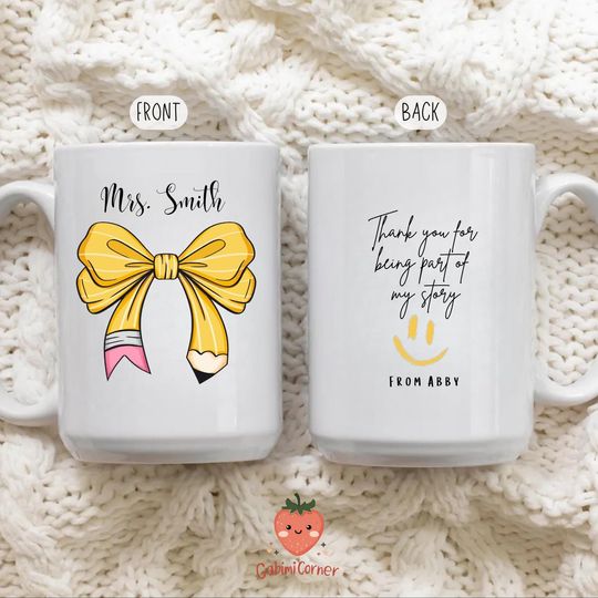 Teacher Mug, Personalized Coffee Cup, Custom Teacher Appreciation Gift, Back to School, Preppy Teach, Teacher Gift, Coquette Bow teacher