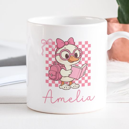 Back To School Mug Wrap, Girl Goose Mug Design, Kids Custom Name Sublimation Mug, Pink Checkered Pattern Mug