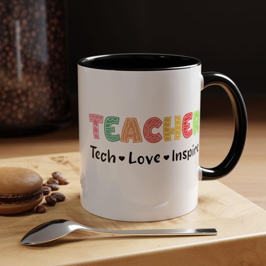Inspirational Teacher Coffee Mug, Gift for Teachers, Classroom Mug, Tech Love Inspire, Teacher Appreciation, Back to School