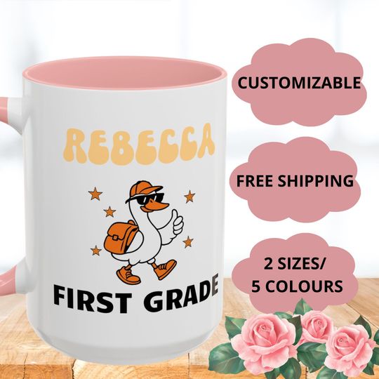 Custom Pink First Grade Mug, Personalized Gift for Kids, Back to School Cup, Silly goose Mug, Funny goose yellow mug, Birthday animal gift