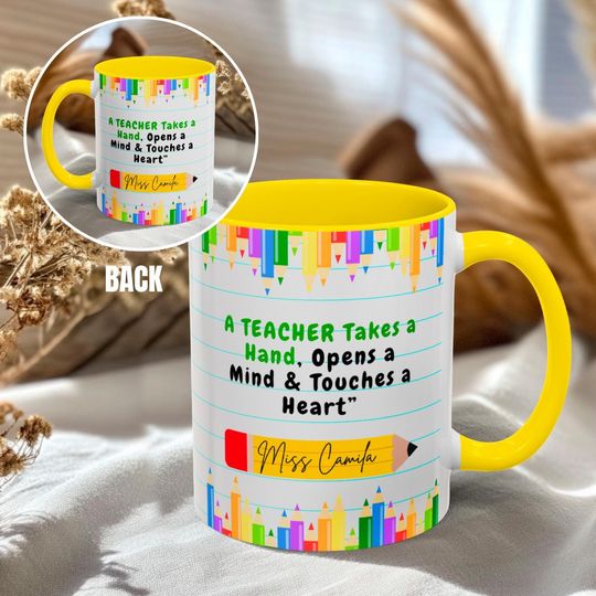 Personalized Teacher Mug with Name -Cute Pencil Design -Fun Back to School or Teacher Appreciation Gift Colorful Coffee Cup