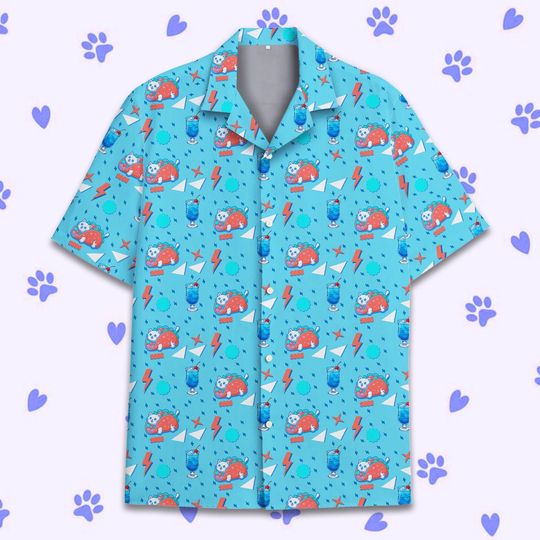 Funny Taco Cat Hawaiian Shirts For Men Women Youth, Retro Blue Shirt with Ice Drink, Cat Button Down Short Sleeve Shirt