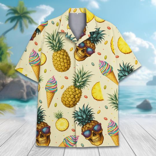 Pineapple Skull Ice Cream Hawaiian Shirt for Men Women Youth, Tropical Summer Shirt Short Sleeve, Beach Vacation Aloha Shirt Button Up