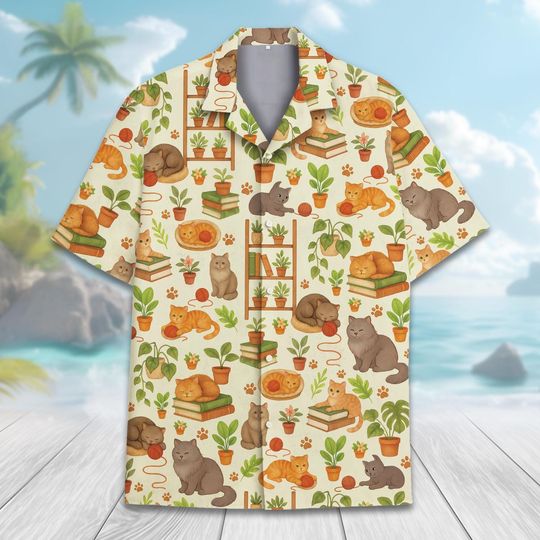Cute Black with Books Hawaiian Shirt for Men Women Youth, Book Lovers Gift Shirt,  Summer Cat Shirt Button Down Short Sleeve