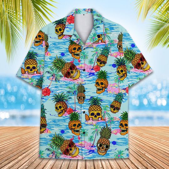 Pineapple Skull Hawaiian Shirt for Men Women Youth, Tropical Summer Shirt Short Sleeve, Beach Vacation Aloha Shirt Button Up