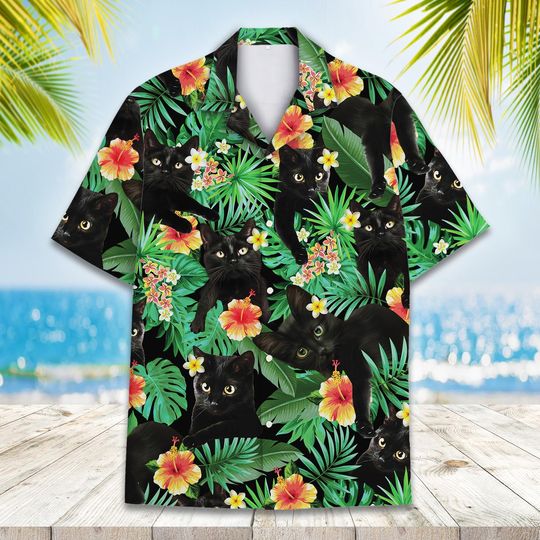 Tropical Cat & Hibiscus Hawaiian Shirt Men Women Youth, Black Cat Shirt Button-Up, Summer Beach Shirt Aloha Short Sleeve