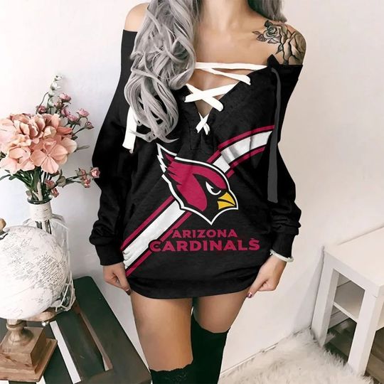 Arizonna Cardinals V-Neck Lace Up Hoodie Dress Womens Pullover Sweatshirt Dress