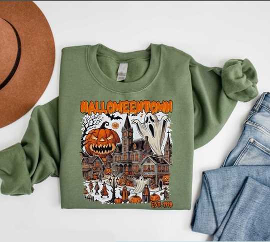 Haunted Village Sweatshirt – Halloweentown Hoodie with Ghost and Pumpkin Theme