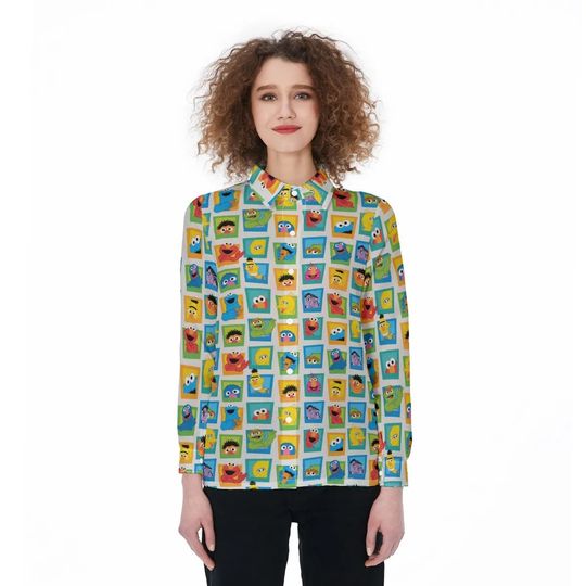 The Muppet Blouse Shirt, Elmo Cookie Monster Colorful Shirt, Cute Cartoon Top, Summer Vacation Shirt, Button Up Women Shirt