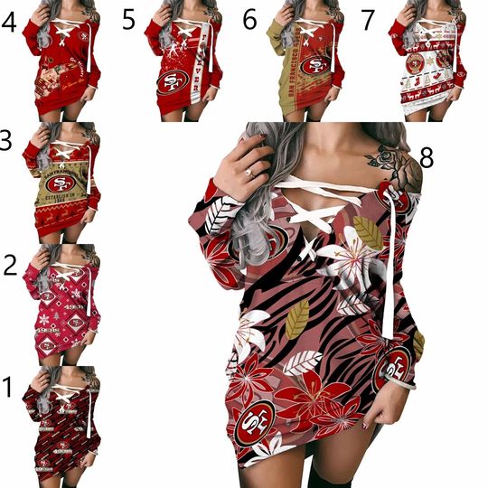 San Francisco 49ers V-Neck Blouse Off Shoulder Hoodie Dress Lace Up Sweatshirt