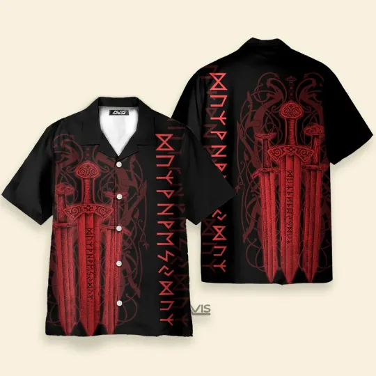 Red Viking Sword Black Aloha Hawaiian Shirt