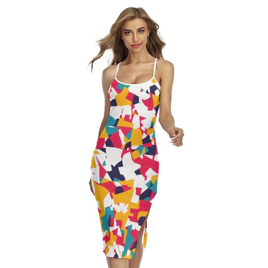 Colourful Geometric Pattern Women's Back Cross Cami Midi Dress, Bright & Bold Summer Vibes