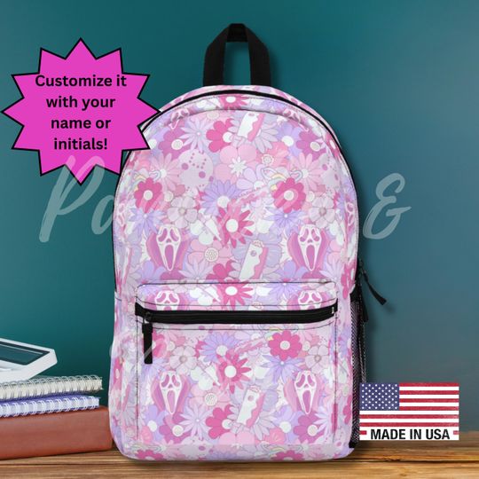 Pastel Horror Floral Backpack - Cute Scary Face & Dagger Print in Pink and Purple