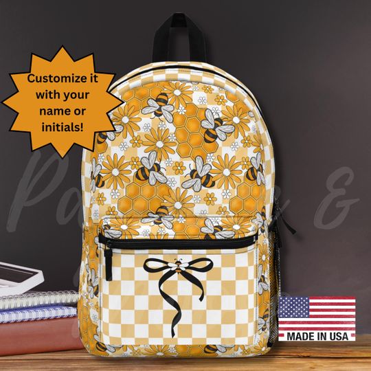 Cute Personalized Bee Backpack -Custom Name Bag with Floral Print - Honeycomb Floral Print Bag with Name Option for Kids & Nature Lovers