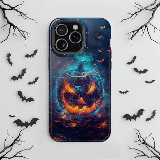 Haunted Jack-o'-Lantern iPhone Case, Cosmic Halloween Pumpkin Cover with Bats and Webs