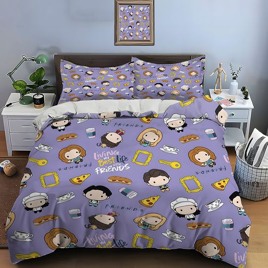Funny Friends Print Bedding Set with Duvet Cover and Pillowcases, TV Show Pattern, for Adults and Children