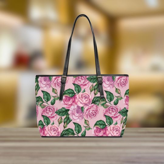 Rose Patterned PU Leather Shoulder Bag, Floral Handbag, Pink Watercolor Purse