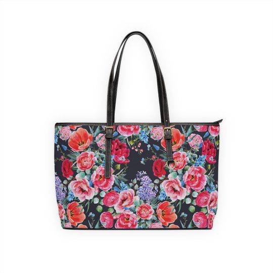 Floral Leather Shoulder Bag, Fashion Tote for Women, Rose Print Handbag