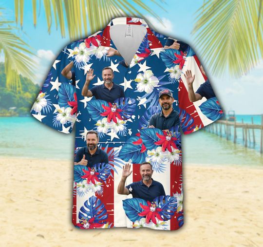 Personalized Face Hawaiian Shirt For Men & Women, Custom Photo Tropical 4th Of July Button Up Shirt, Patriotic Summer Vacation Aloha Shirt