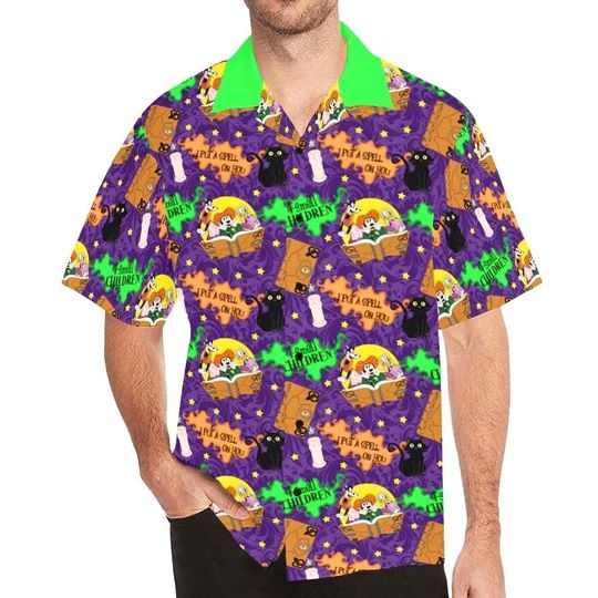 Hocus Pocus Minnie Mens Boys Short Sleeve Button Up Shirt | disney world disneyland family group plus size sanderson hawaiian cruise cosplay