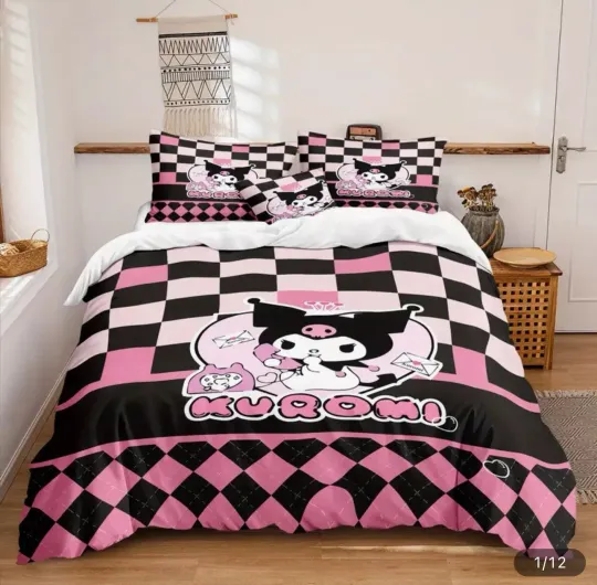 Kuromi Bedding Set Pink and Black Sanrio Double Duvet Cover with Pillowcases