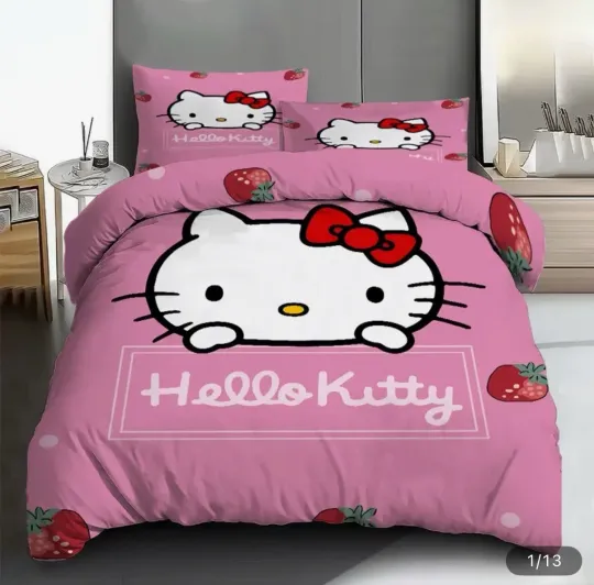 Hello Kitty Coral Bedding Set Queen Duvet Cover with 2 Pillowcases